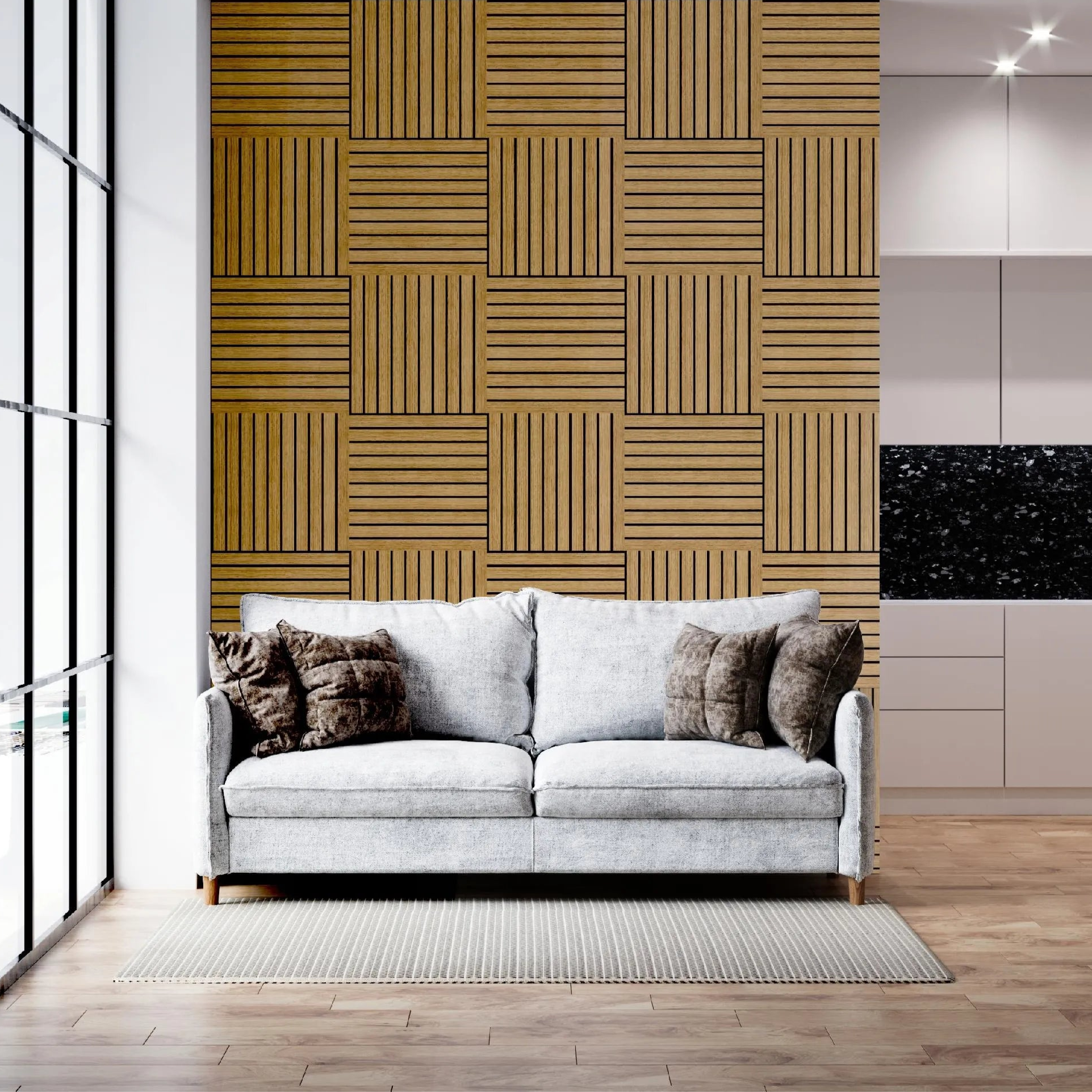 Felt Slatted Acoustic Wall Panels 4 feature wall in living room interior DecorMania UK